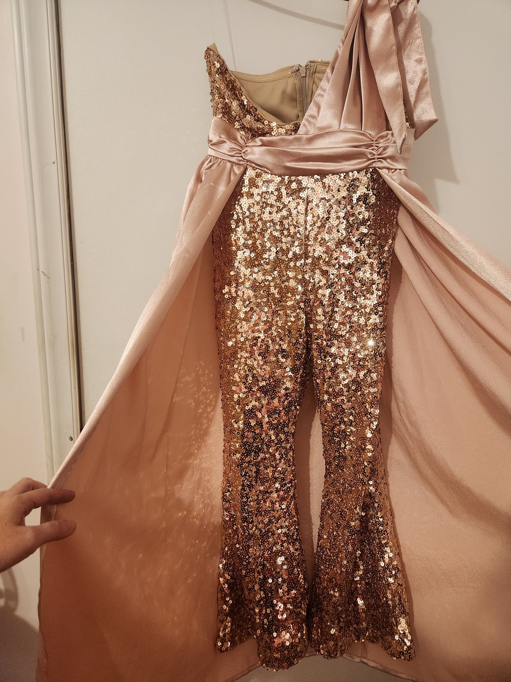 Girls Fun Fashion Formal Sequin One-Shoulder Jumpsuit in Rose Gold